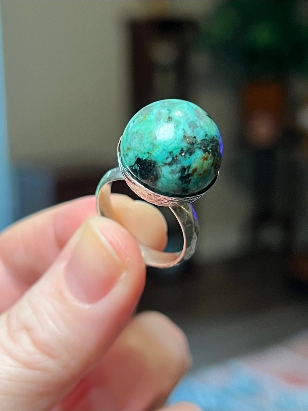 Vintage Modernist Orb Chrysocolla Gemstone Sphere Sterling Silver Ball Ring - Picture 3 of 12